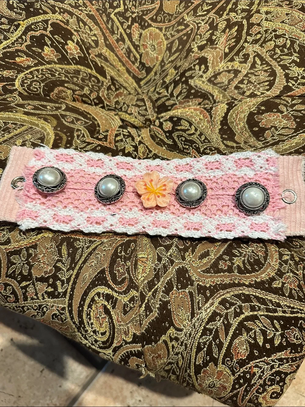 Pink Lace Pearl-Button Wrist Cuff with Floral Accent